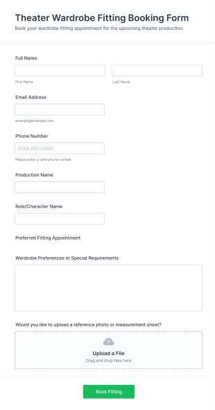 Theater Wardrobe Fitting Booking Form Template