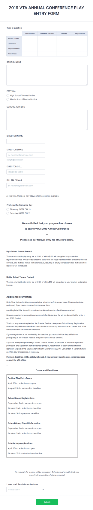 Theatre Festival Play Entry Form Template