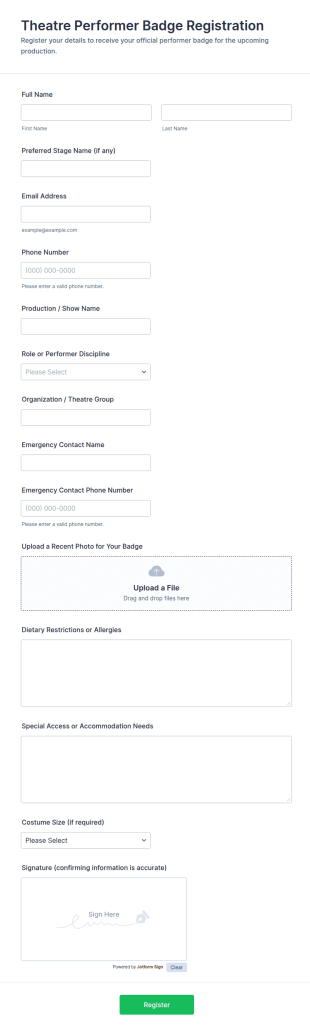 Theatre Performer Badge Registration Form Template