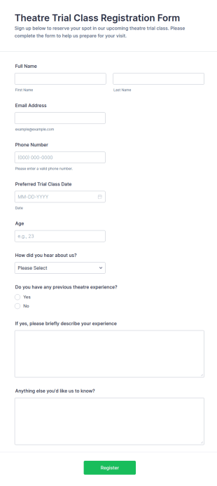 Theatre Trial Class Registration Form Template