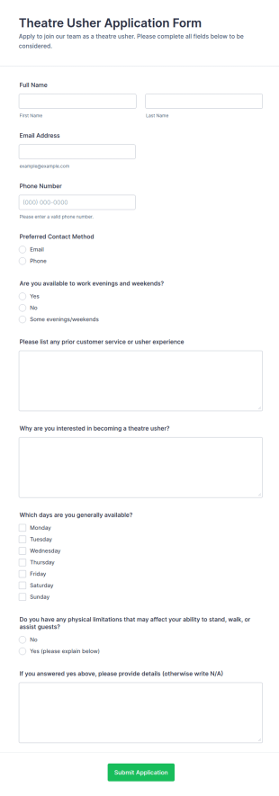 Theatre Usher Application Form Template