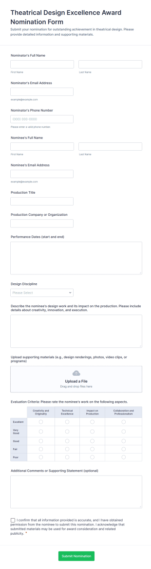 Theatrical Design Excellence Award Nomination Form Template