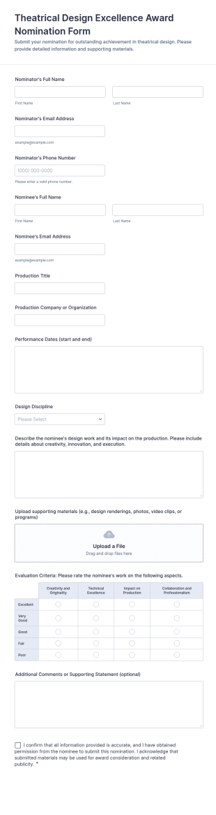 Theatrical Design Excellence Award Nomination Form Template