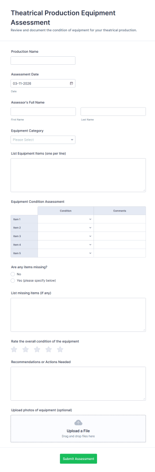 Theatrical Production Equipment Assessment Form Template