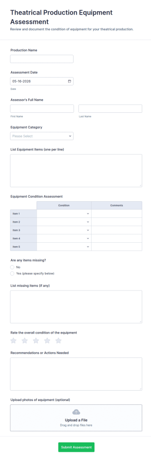 Theatrical Production Equipment Assessment Form Template