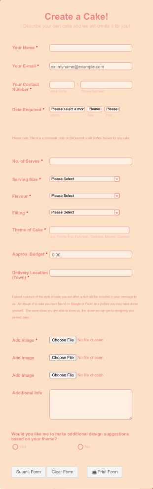 Theme Cake Order Form PagSeguro Form Template