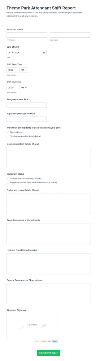 Theme Park Attendant Shift Report Form Template