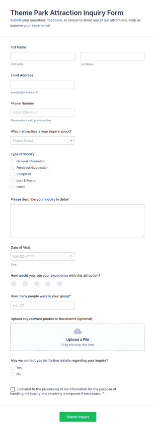 Theme Park Attraction Inquiry Form Template