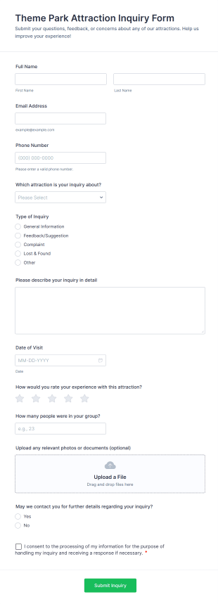Theme Park Attraction Inquiry Form Template