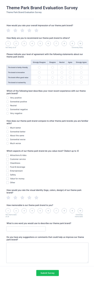 Theme Park Brand Evaluation Survey Form Template