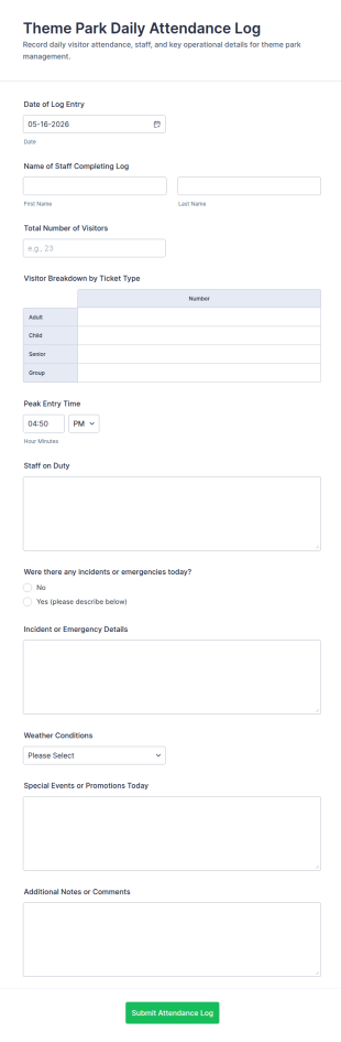 Theme Park Daily Attendance Log Form Template