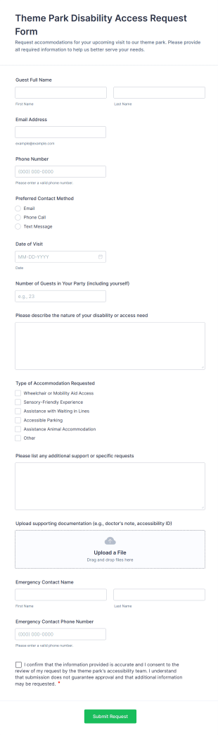 Theme Park Disability Access Request Form Template