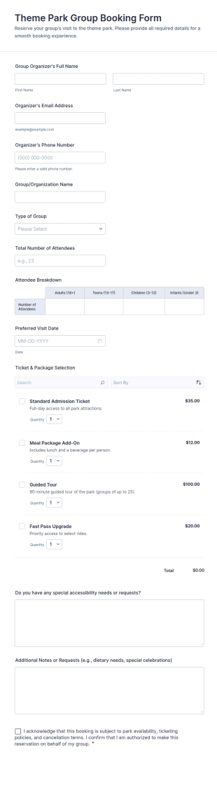 Theme Park Group Booking Form Template