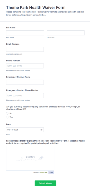 Theme Park Health Waiver Form Template
