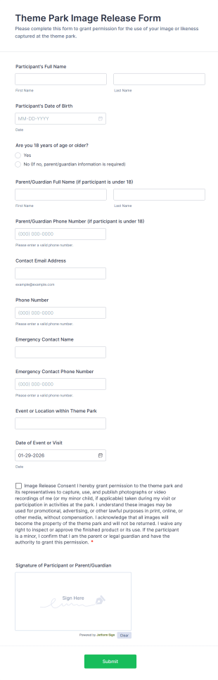 Theme Park Image Release Form Template