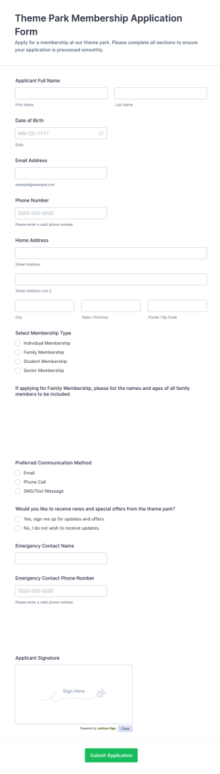 Theme Park Membership Application Form Template
