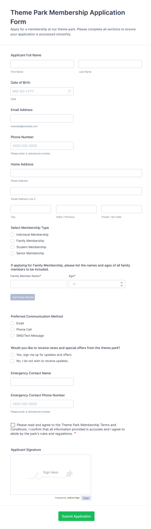 Theme Park Membership Application Form Template