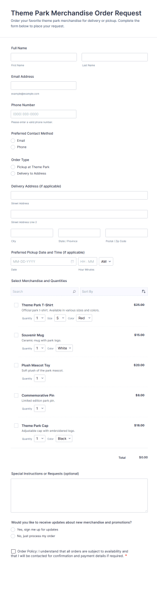 Theme Park Merchandise Order Request Form Template