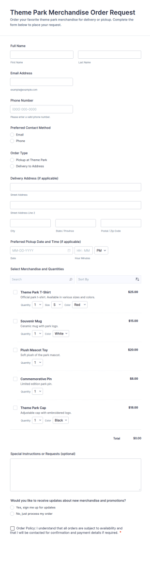 Theme Park Merchandise Order Request Form Template