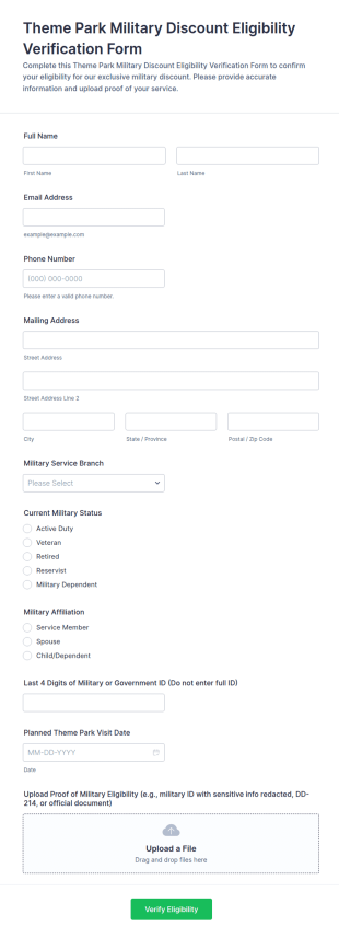 Theme Park Military Discount Eligibility Verification Form Template