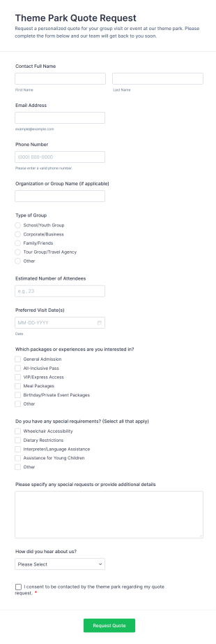 Theme Park Quote Request Form Template