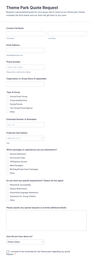 Theme Park Quote Request Form Template