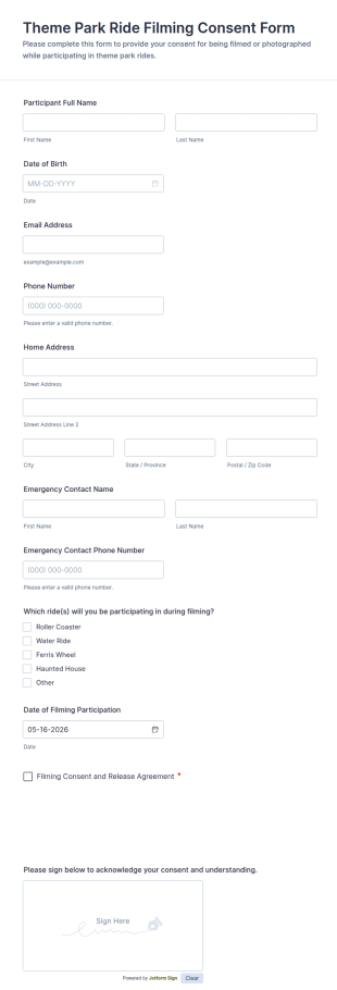 Theme Park Ride Filming Consent Form Template