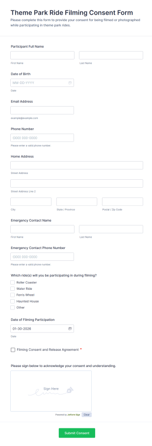 Theme Park Ride Filming Consent Form Template