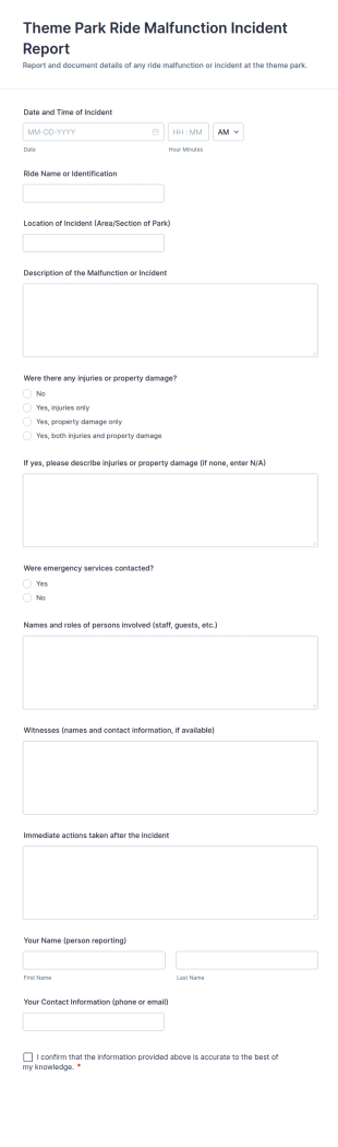 Theme Park Ride Malfunction Incident Report Form Template
