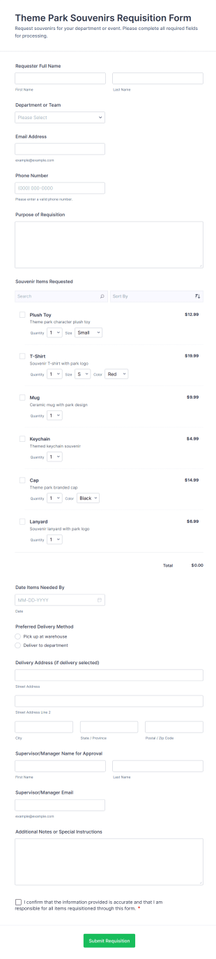 Theme Park Souvenirs Requisition Form Template
