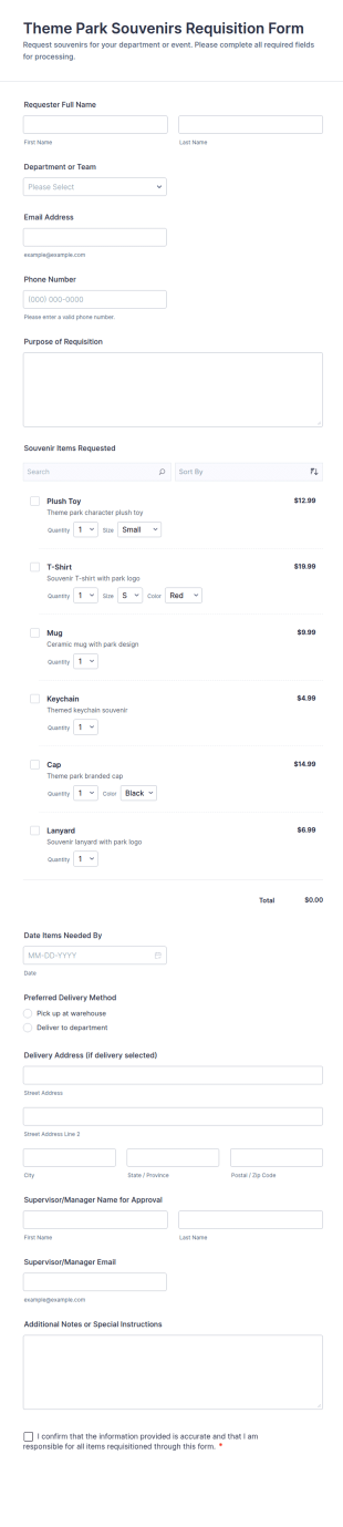 Theme Park Souvenirs Requisition Form Template