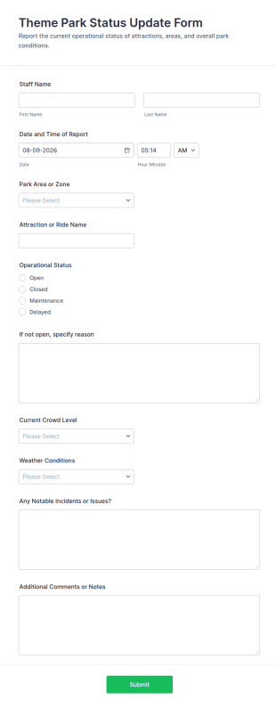 Theme Park Status Update Form Template