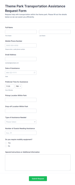 Theme Park Transportation Assistance Request Form Template
