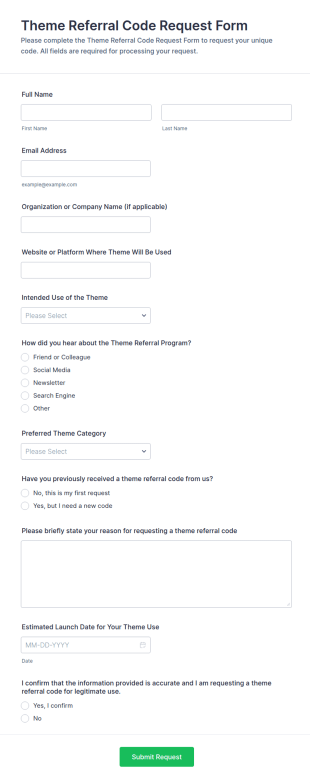 Theme Referral Code Request Form Template