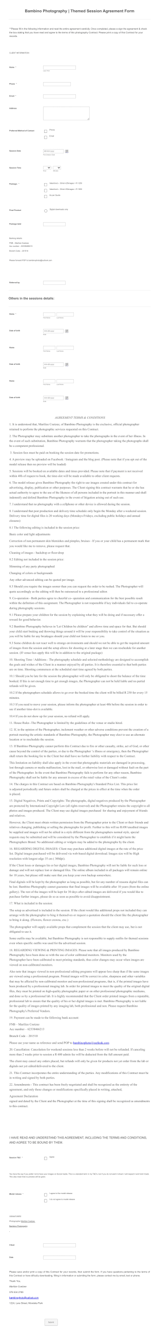 Themed Photography Session Booking Form Template