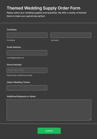 Themed Wedding Supply Order Form Template