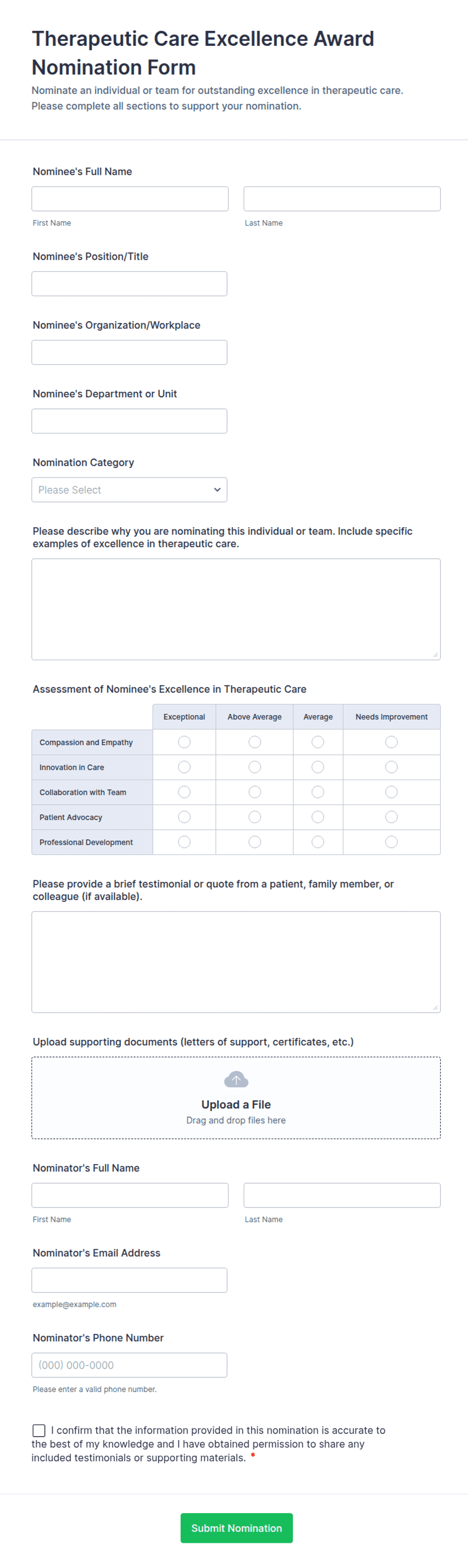 Therapeutic Care Excellence Award Nomination Form Template | Jotform