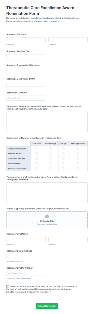 Therapeutic Care Excellence Award Nomination Form Template