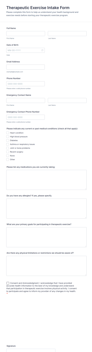 Therapeutic Exercise Intake Form Template