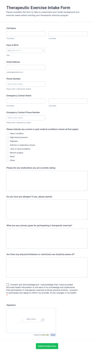 Therapeutic Exercise Intake Form Template