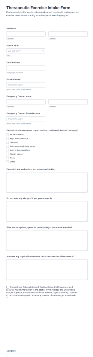 Therapeutic Exercise Intake Form Template