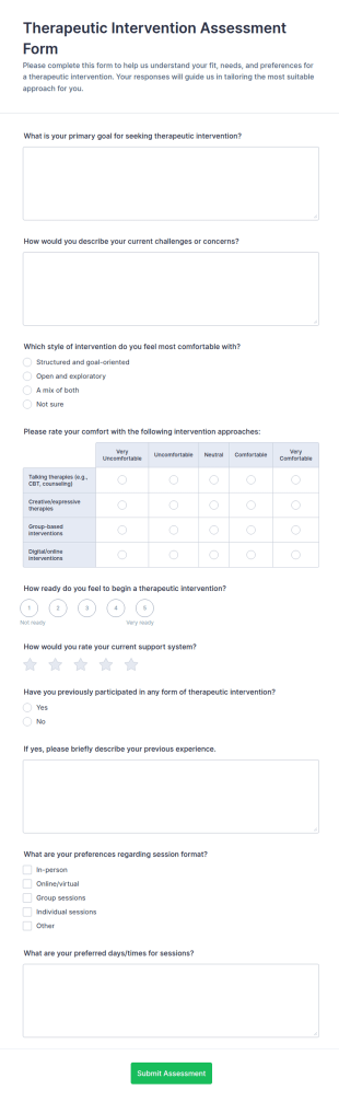 Therapeutic Intervention Assessment Form Template