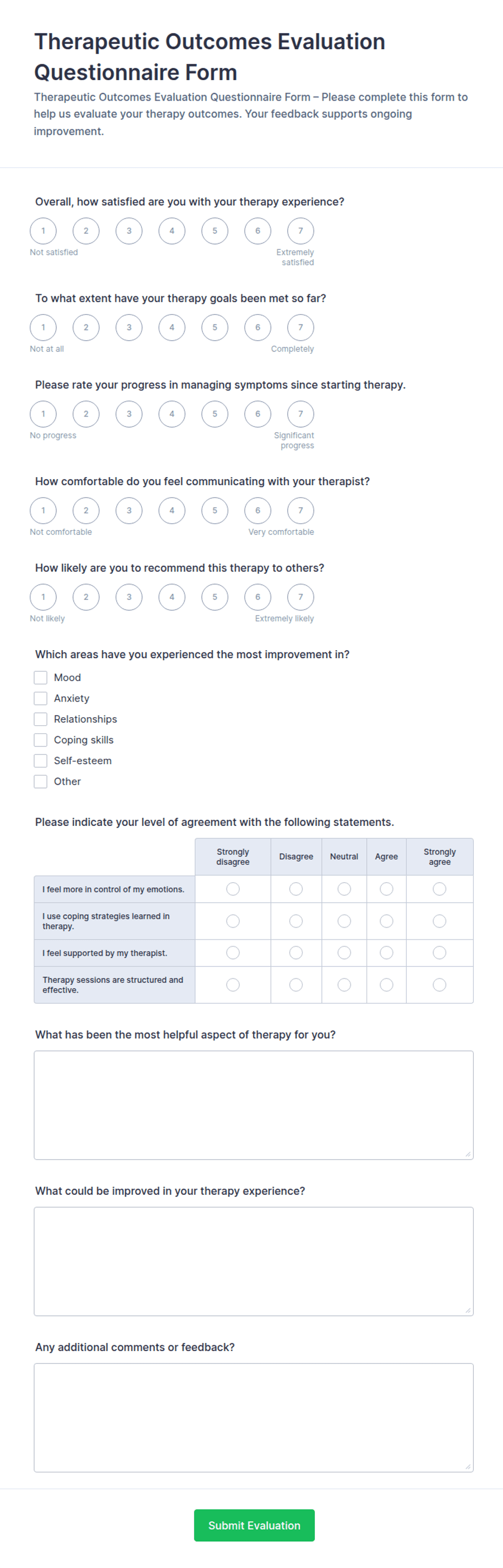 Therapeutic Outcomes Evaluation Questionnaire Form Template | Jotform