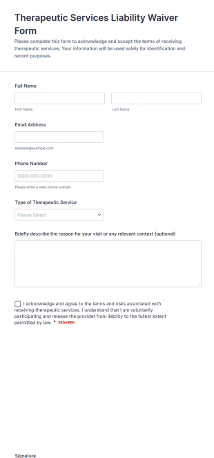 Therapeutic Services Liability Waiver Form Template