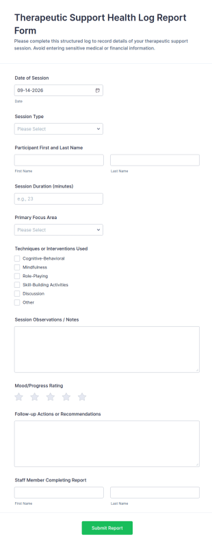 Therapeutic Support Health Log Report Form Template