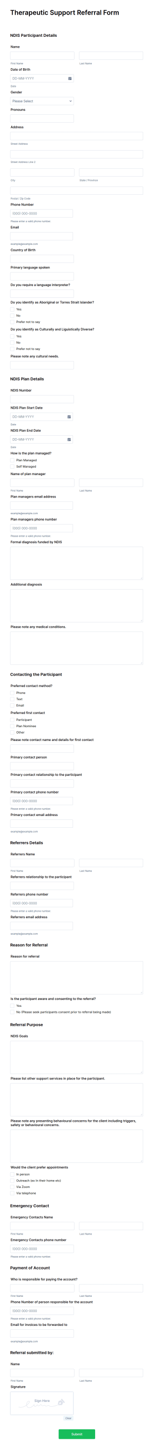 Therapeutic Support Referral Form Template