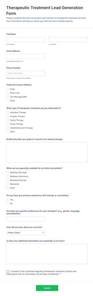 Therapeutic Treatment Lead Generation Form Template