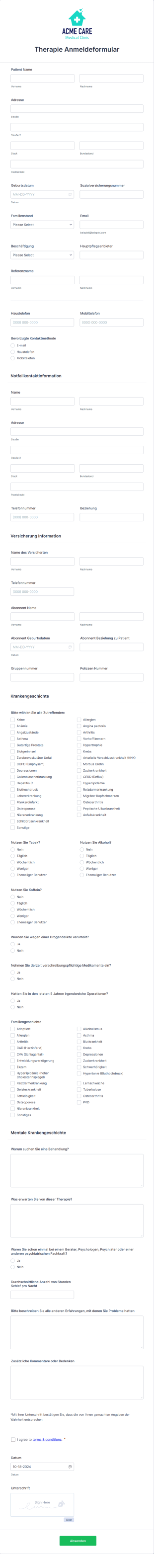 Therapie Anmeldeformular Form Template