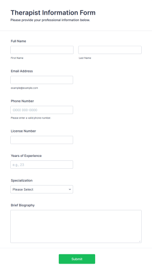 Therapist Information Form Form Template