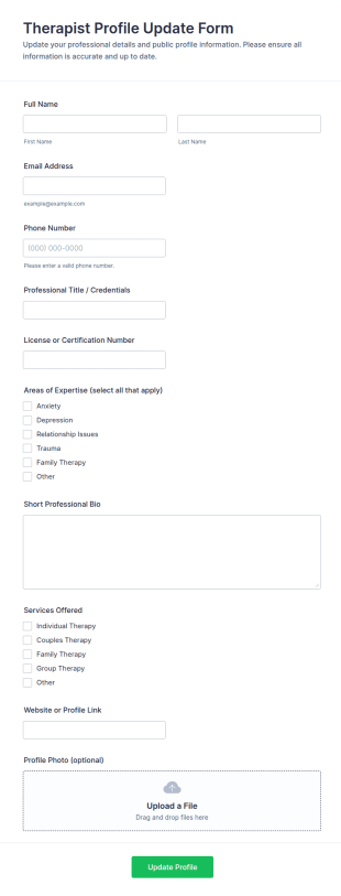 Therapist Profile Update Form Template